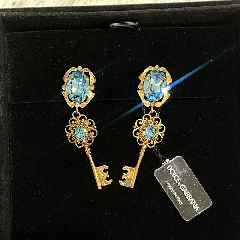 Dolce & Gabbana Gold and Blue Key Earrings - Picture 1 of 7